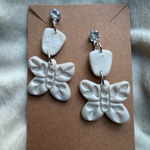 White Handmade Polymer Clay Butterfly Earrings